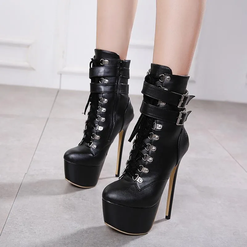 16cm Ultra High Heel Waterproof Platform Round Toe Boots