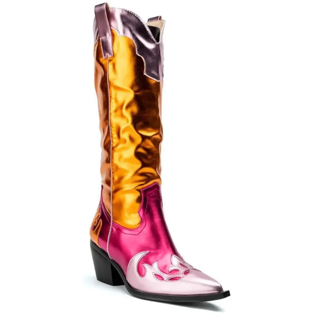 2024 Chic Metallic Patchwork Western  Cowboy With Block Boots for Women