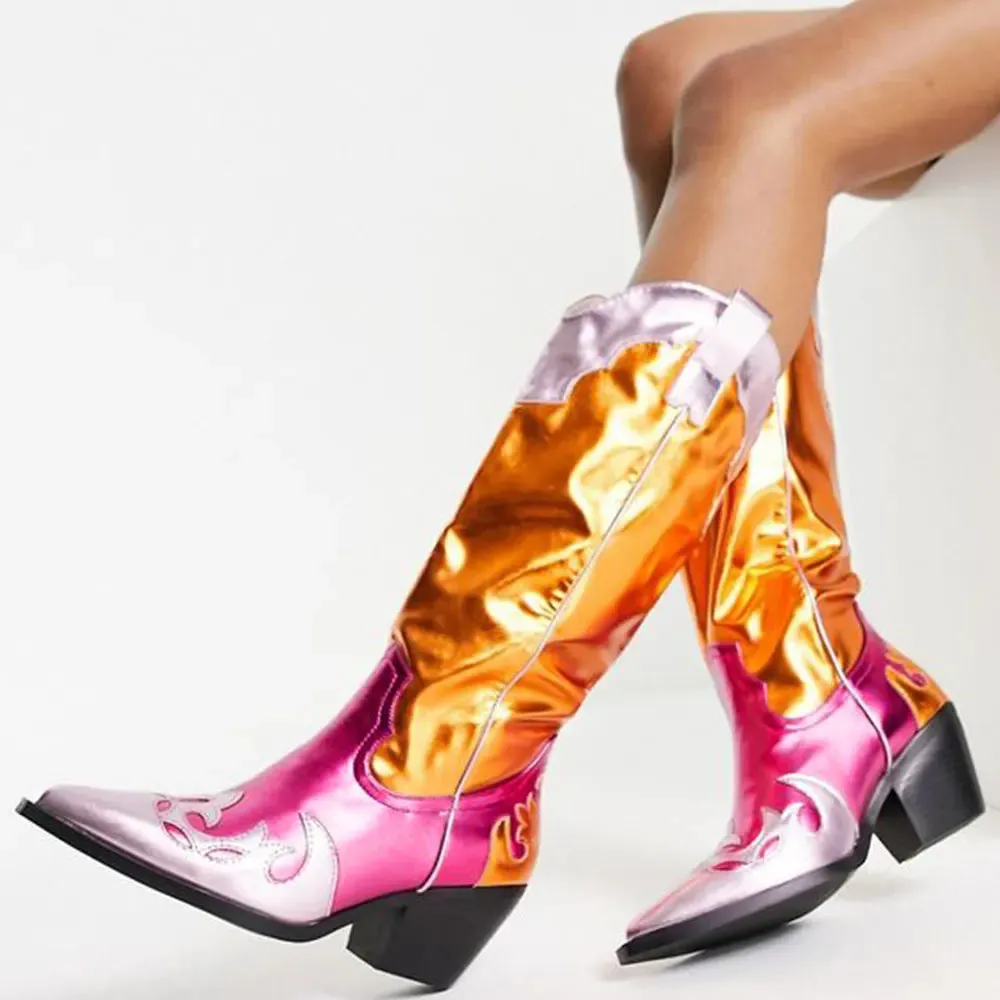 2024 Chic Metallic Patchwork Western  Cowboy With Block Boots for Women