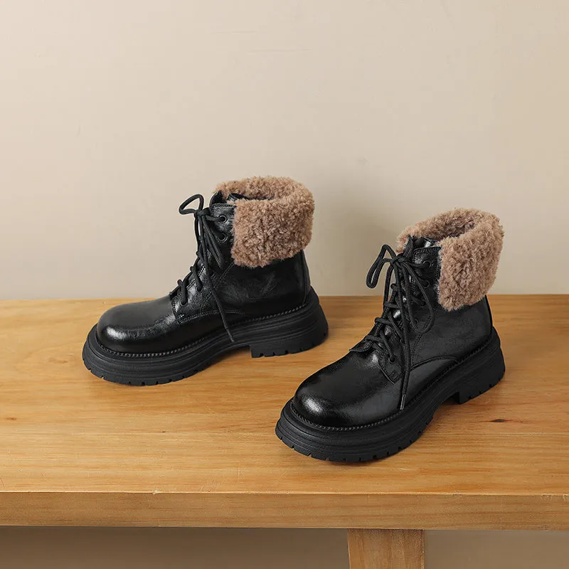 45mm Platform Shearling Lined Leather Combat Boots Designer High Top Boots in Coffee/Black