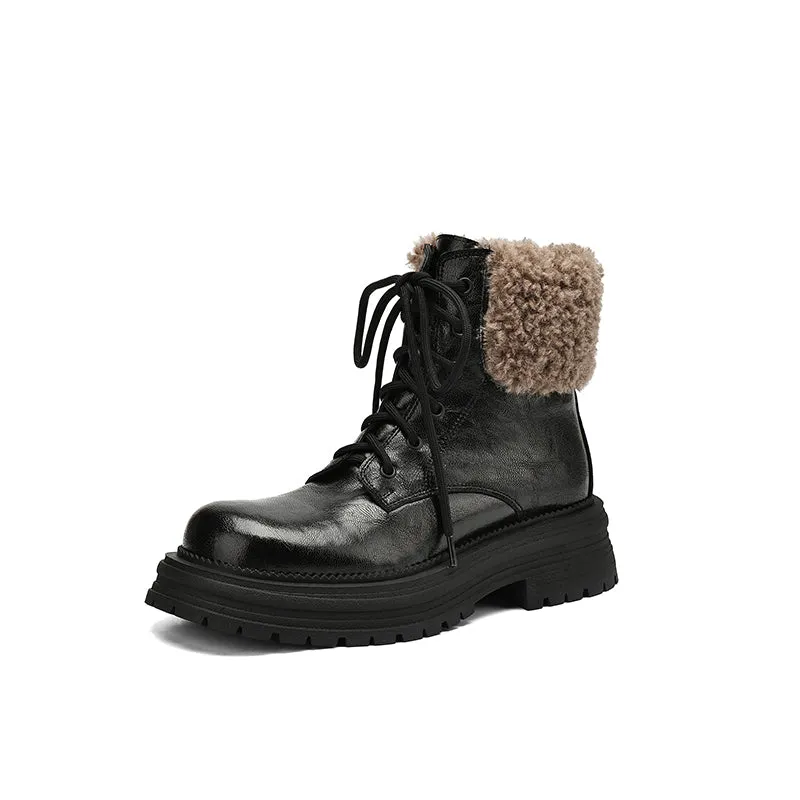 45mm Platform Shearling Lined Leather Combat Boots Designer High Top Boots in Coffee/Black