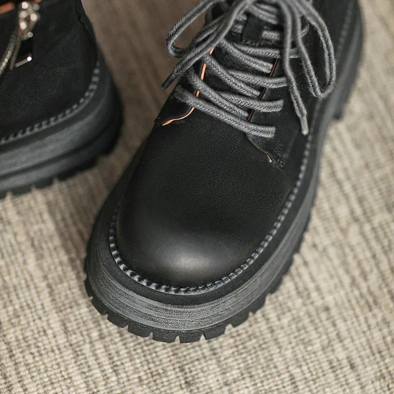 50mm Platform Chunky Lace-up Leather Boots Designer Retro Combat Boots Handmade in Black/Coffee