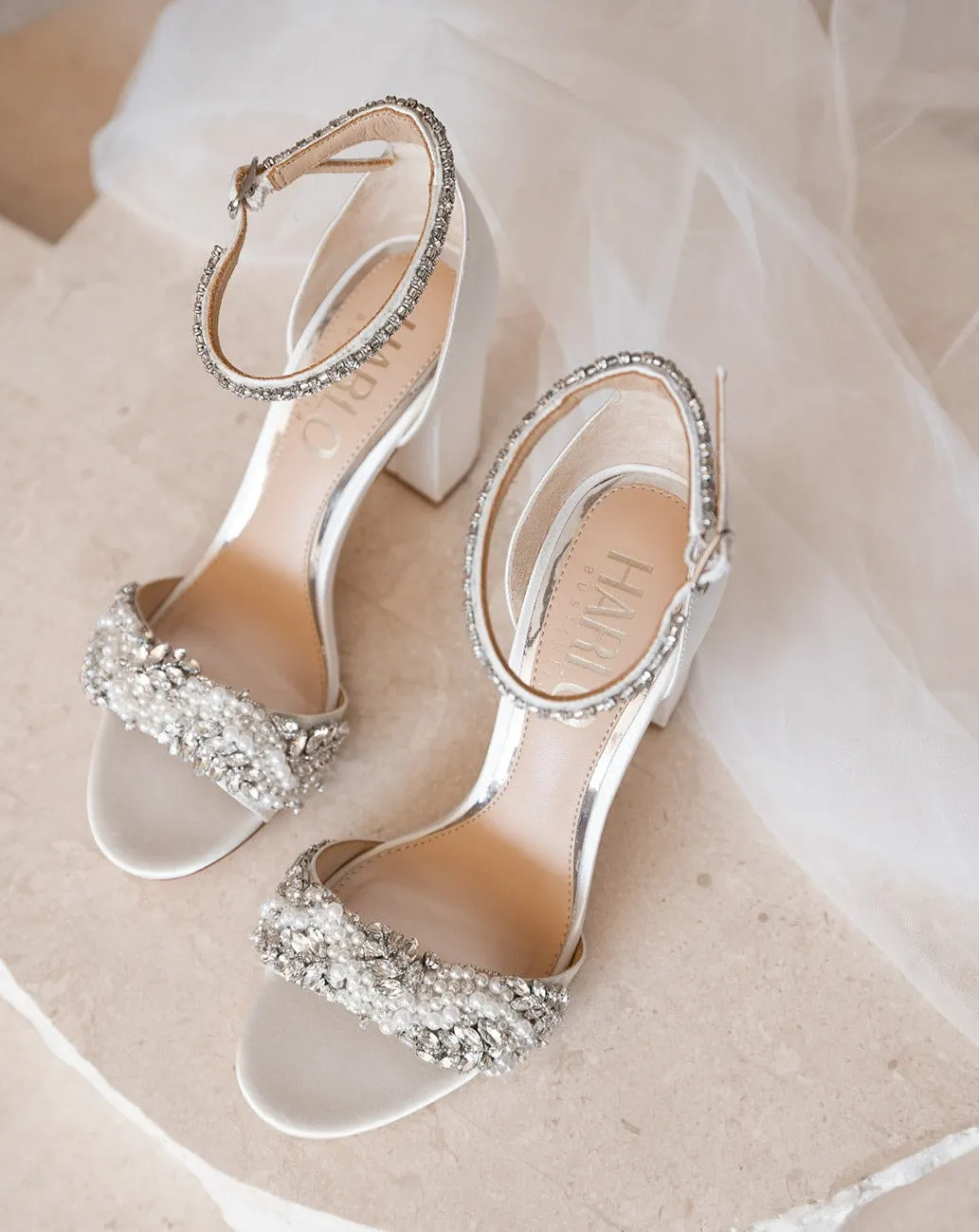 Adele - White Crystal And Pearl Bridal Block Heel