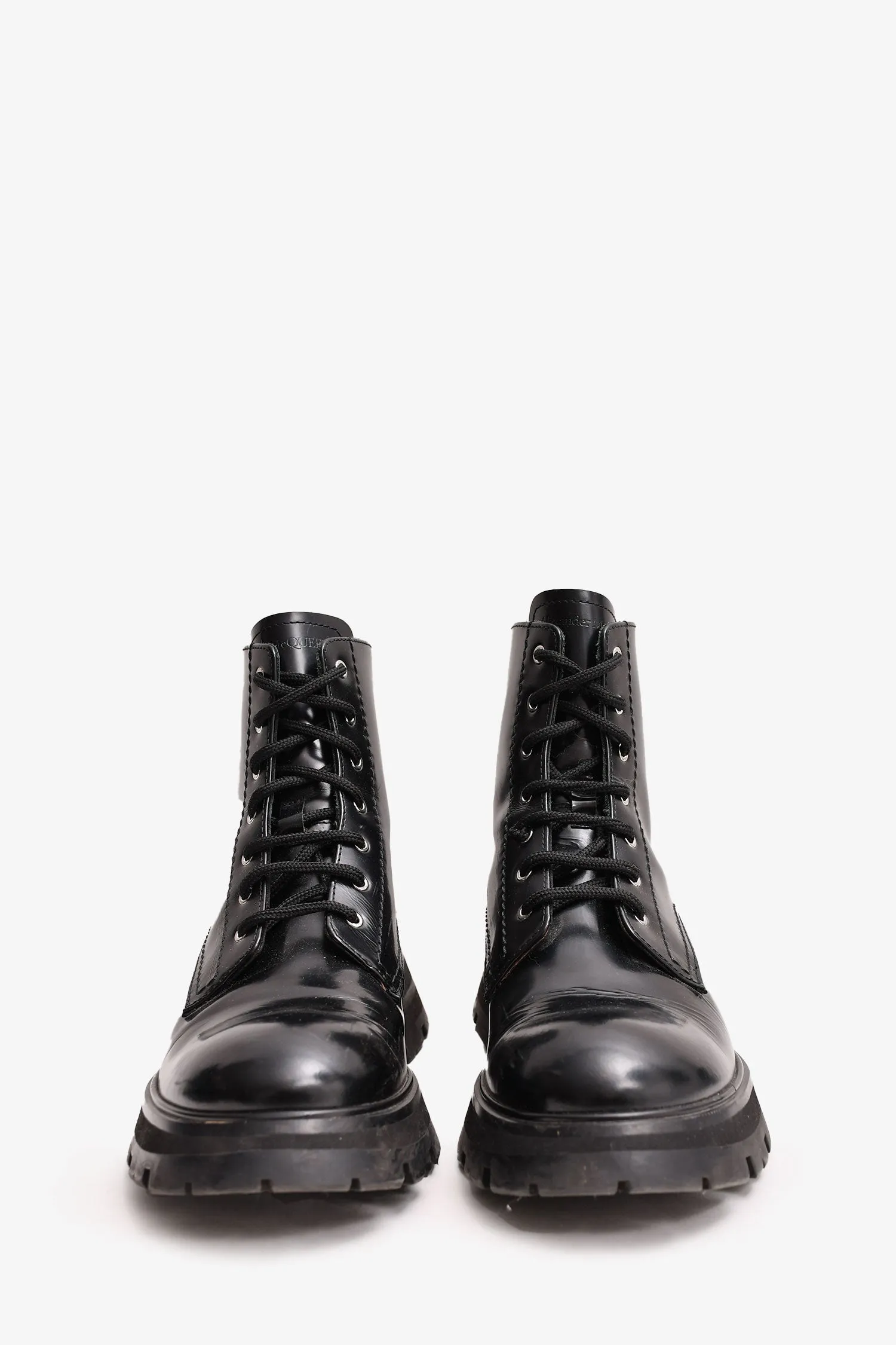 Alexander McQueen Black Patent Lace-Up Combat Boots Size 41