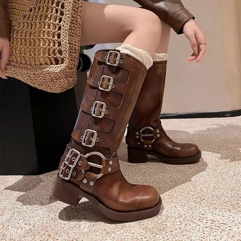 All Leather Tall Boots For Women With Buckles Western Cowboy Boots Riding Boots Big Square Toe