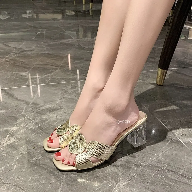 Amozae-Snake Elegant Summer Women Shoes Slingback Sandals Transparent Square Heel Slip on Female Slides Size 35-40