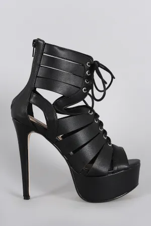 Anne Michelle Caged Peep Toe Lace Up Platform Heel