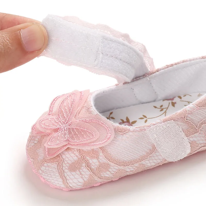 Baby First Walkers Newborn Baby Girl Bow Crib Shoes Soft Sole Prewalker Anti-slip Pram Sneakers Lace Butterfly Shoes.