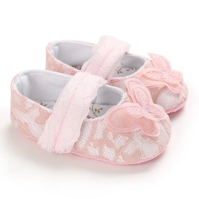 Baby First Walkers Newborn Baby Girl Bow Crib Shoes Soft Sole Prewalker Anti-slip Pram Sneakers Lace Butterfly Shoes.