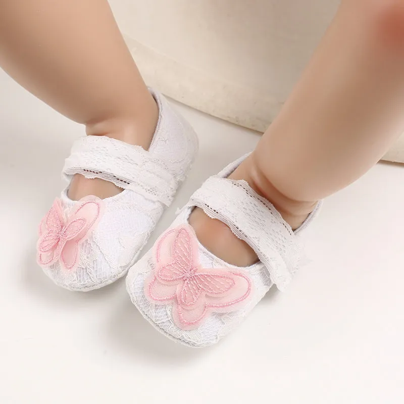 Baby First Walkers Newborn Baby Girl Bow Crib Shoes Soft Sole Prewalker Anti-slip Pram Sneakers Lace Butterfly Shoes.