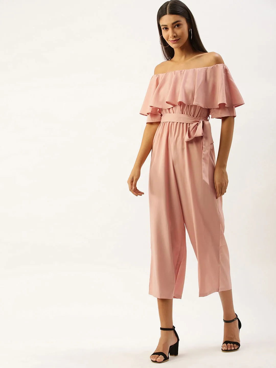 Berrylush Women Solid Pink Off Shoulder Culotte Jumpsuit