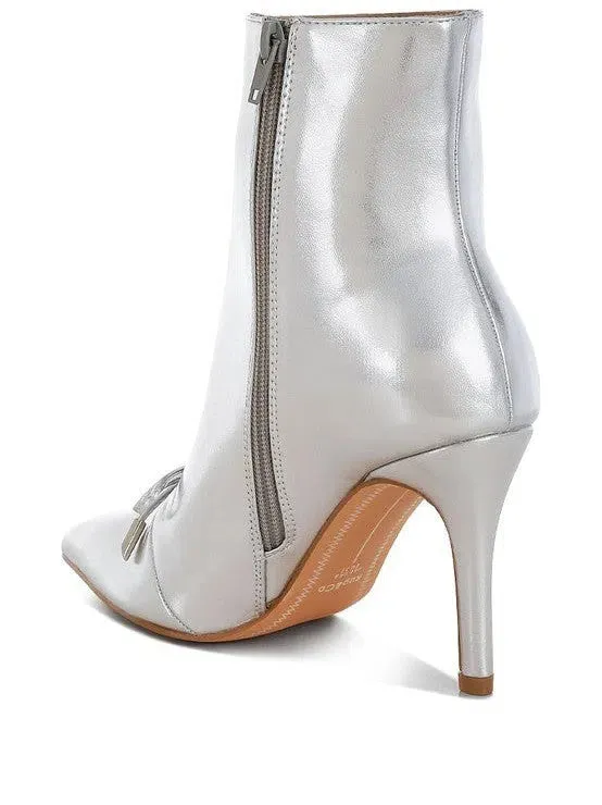 Beyond Ordinary Bow Detail Metallic High Ankle Boots | Silver