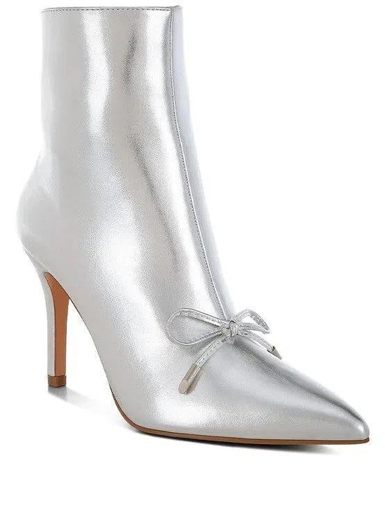 Beyond Ordinary Bow Detail Metallic High Ankle Boots | Silver