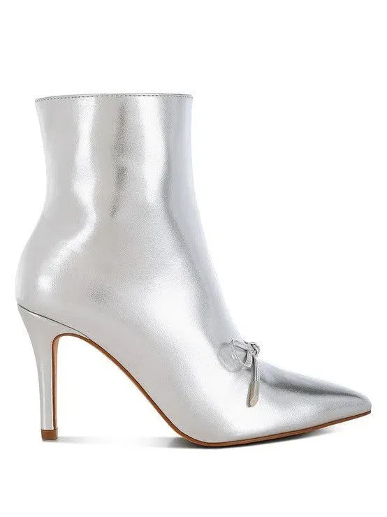 Beyond Ordinary Bow Detail Metallic High Ankle Boots | Silver