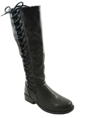 Black Corset Lace Up Riding Knee High Vegan Leather Boots