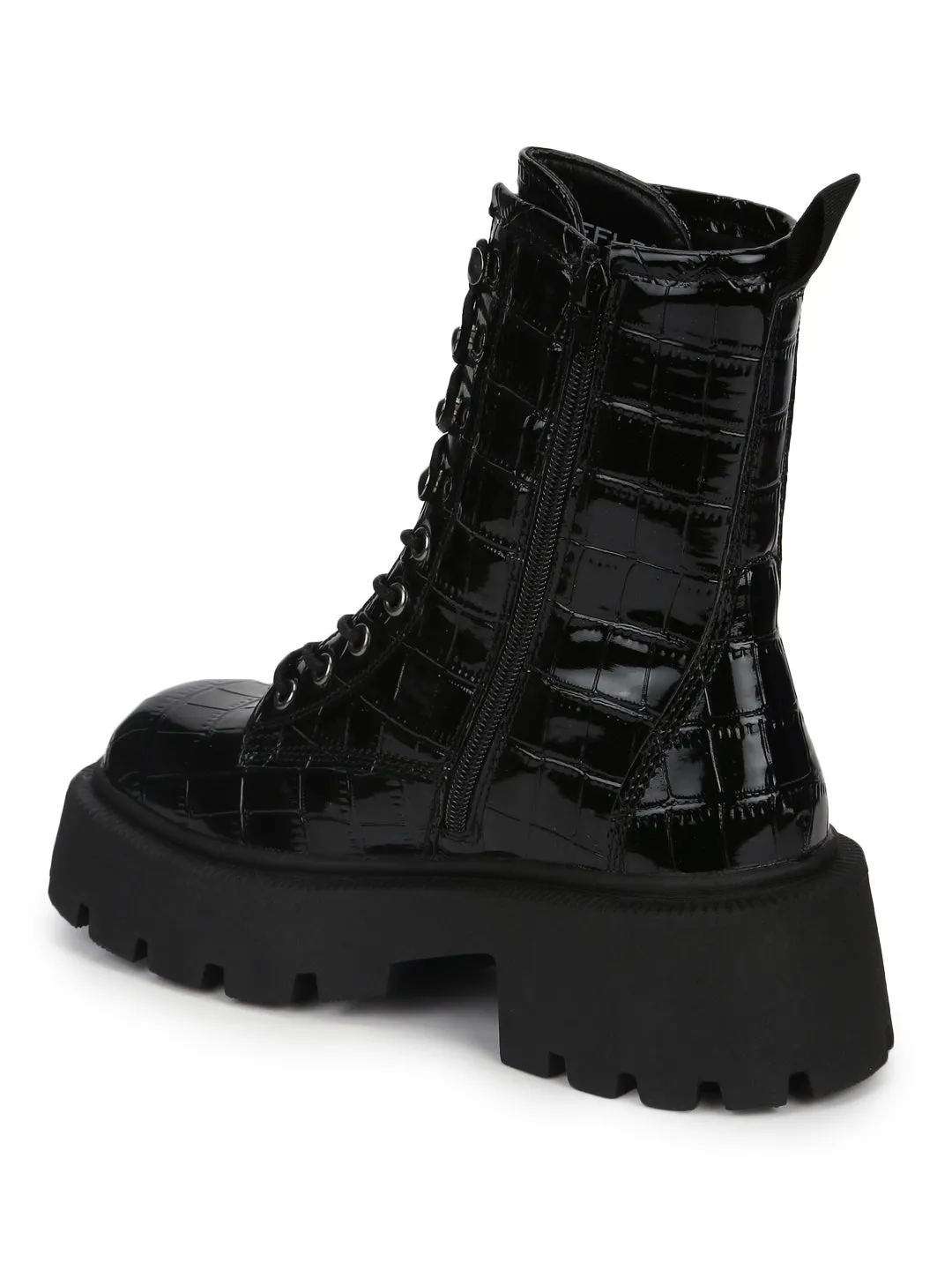 Black Croc Patent Lace Up Chunky Combat Boots