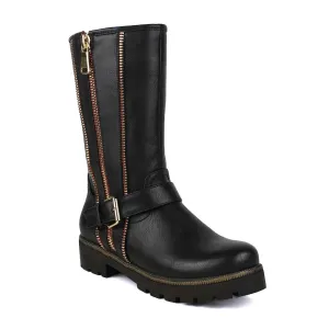 Black Gold zipper & Buckle embelished Women's Zip-up Mid-calf Riding Boot