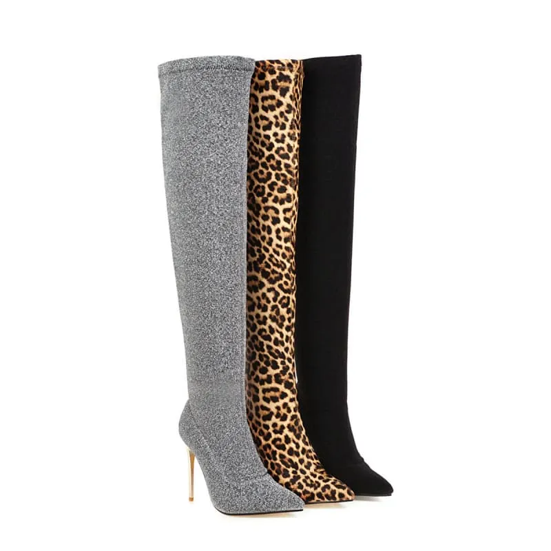 Black Pointed Toe Over-the-knee Unisex Boots with Gold Heels