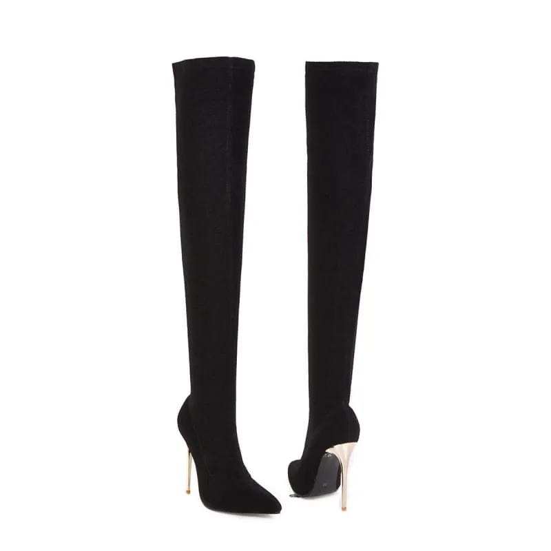 Black Pointed Toe Over-the-knee Unisex Boots with Gold Heels