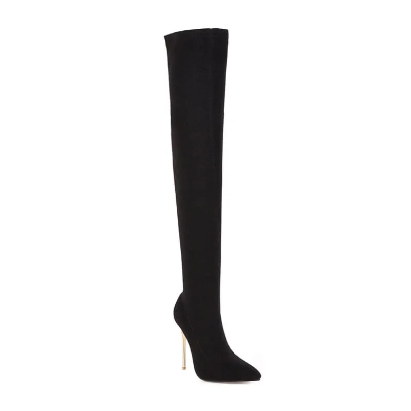 Black Pointed Toe Over-the-knee Unisex Boots with Gold Heels