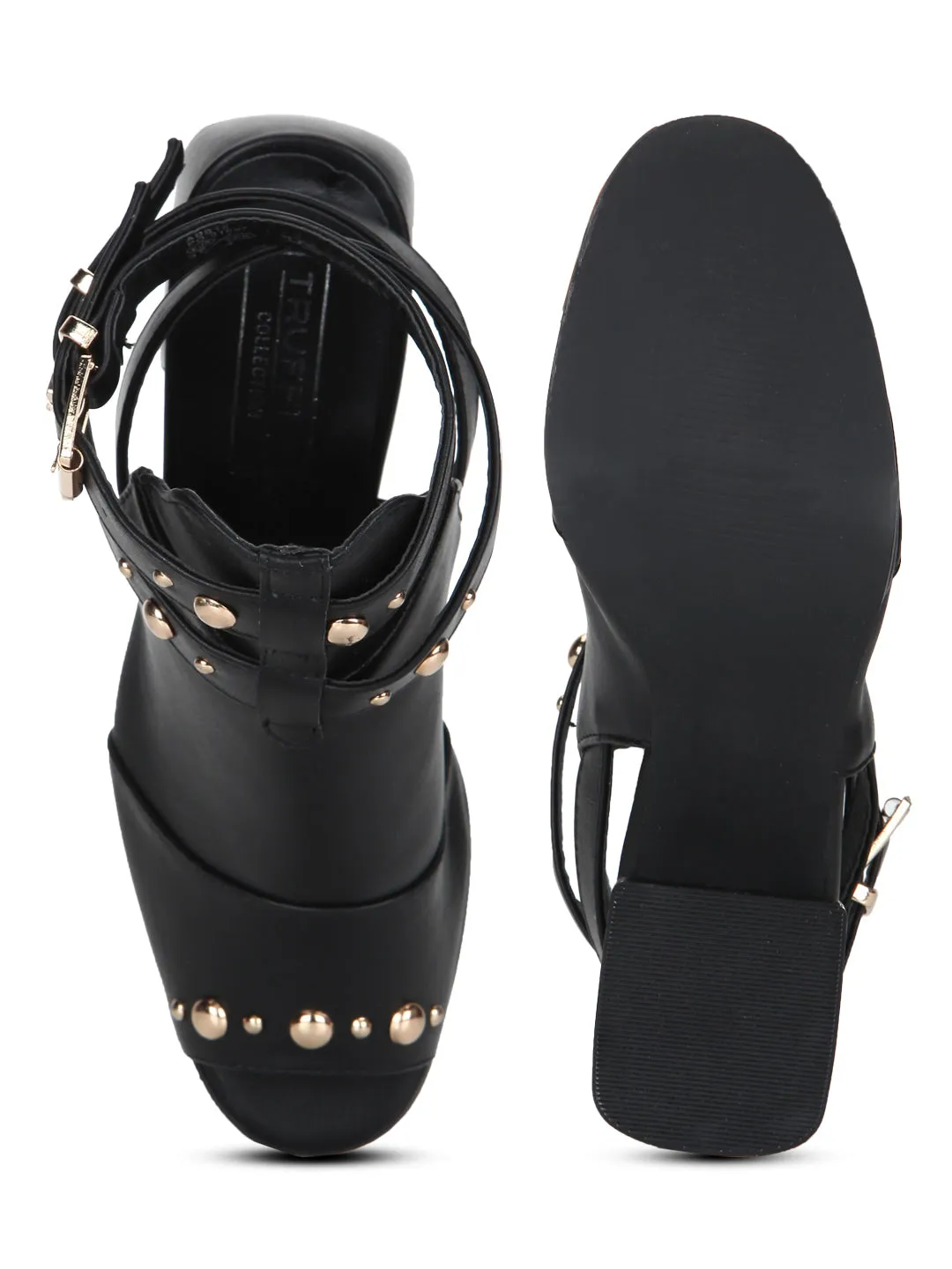 Black PU Stud and Buckle Strap Peep Toe Block Heels