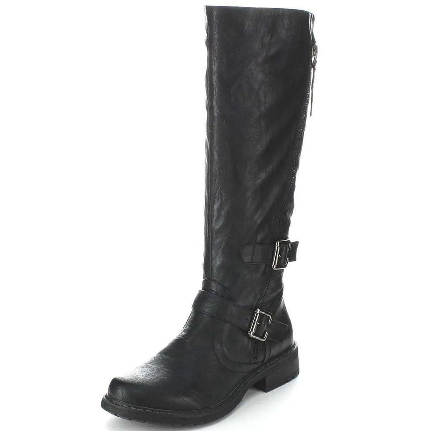 Black Riding Double Ankle Strap Knee-high Women's Vegan Biker Boots