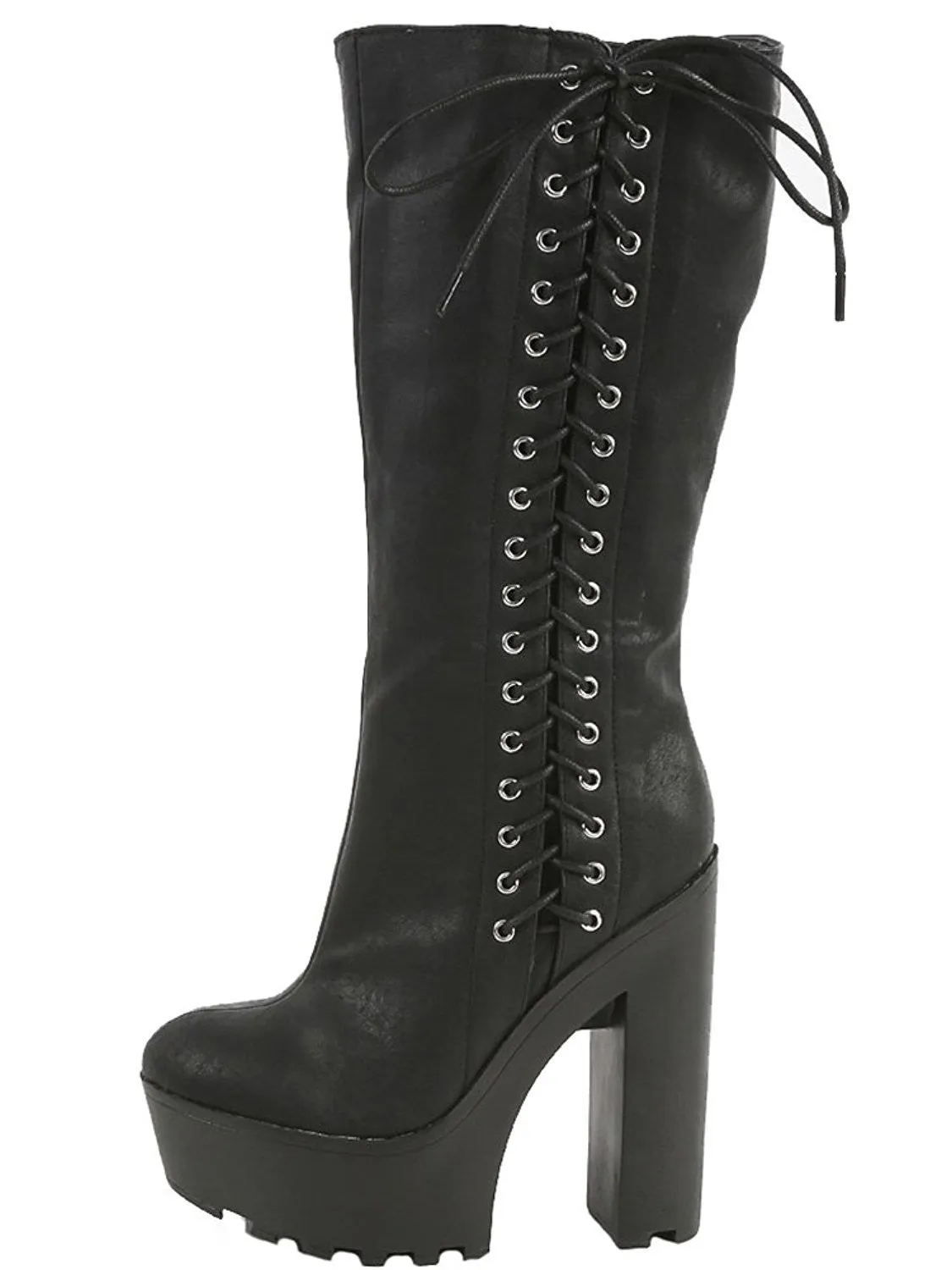 Black Side Lace Up Chunky Lug Sole Knee Vegan Women's Boots