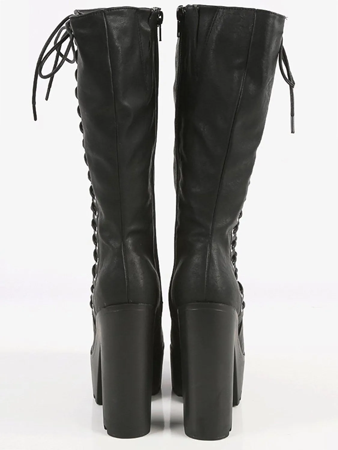 Black Side Lace Up Chunky Lug Sole Knee Vegan Women's Boots