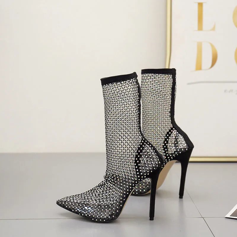 Black Stiletto Mesh Fishnet Stockings High Heeled Boots