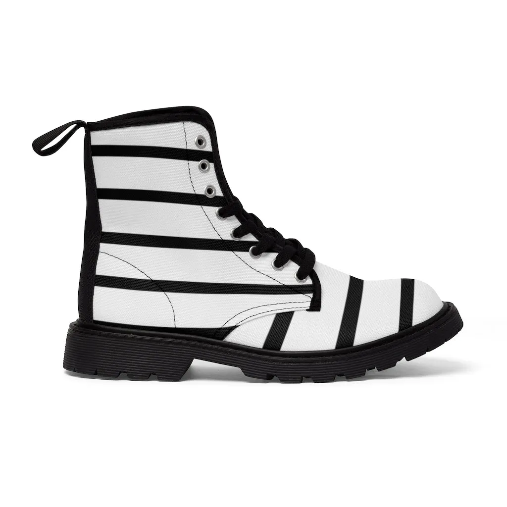 Black Striped Women's Canvas Boots, Black White Stripes Designer Best Fashion Canvas Boots