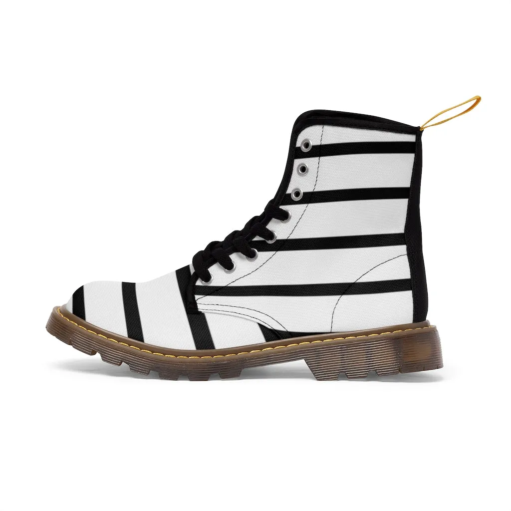 Black Striped Women's Canvas Boots, Black White Stripes Designer Best Fashion Canvas Boots