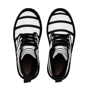 Black Striped Women's Canvas Boots, Black White Stripes Designer Best Fashion Canvas Boots