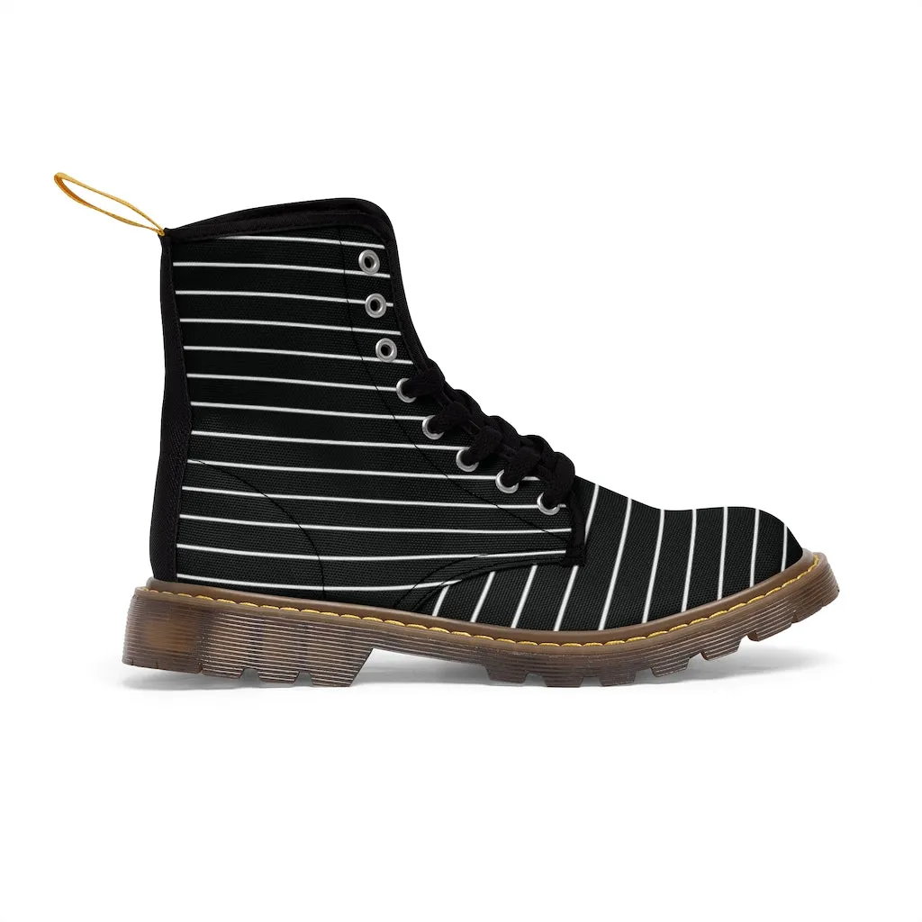 Black Striped Women's Canvas Boots, Modern White Black Stripes Print Winter Boots For Ladies