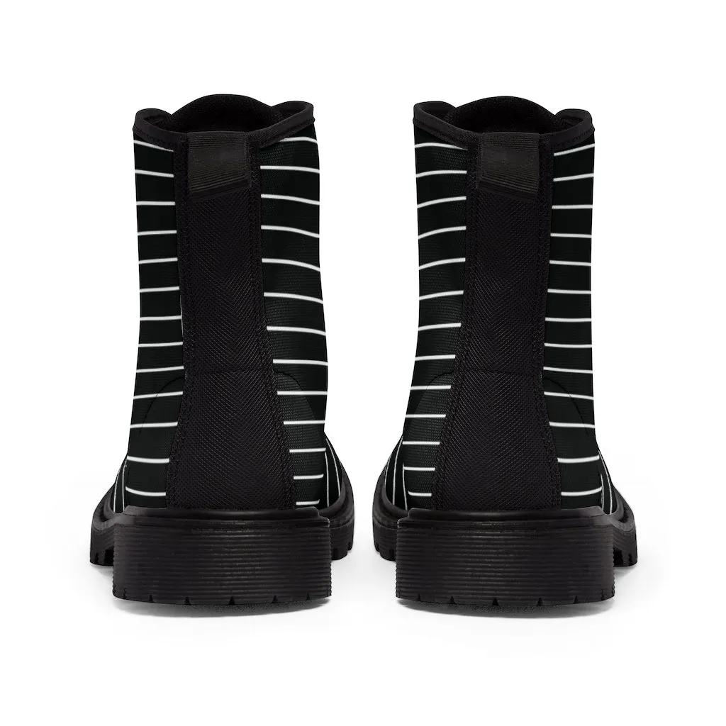 Black Striped Women's Canvas Boots, Modern White Black Stripes Print Winter Boots For Ladies