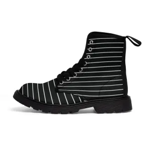 Black Striped Women's Canvas Boots, Modern White Black Stripes Print Winter Boots For Ladies