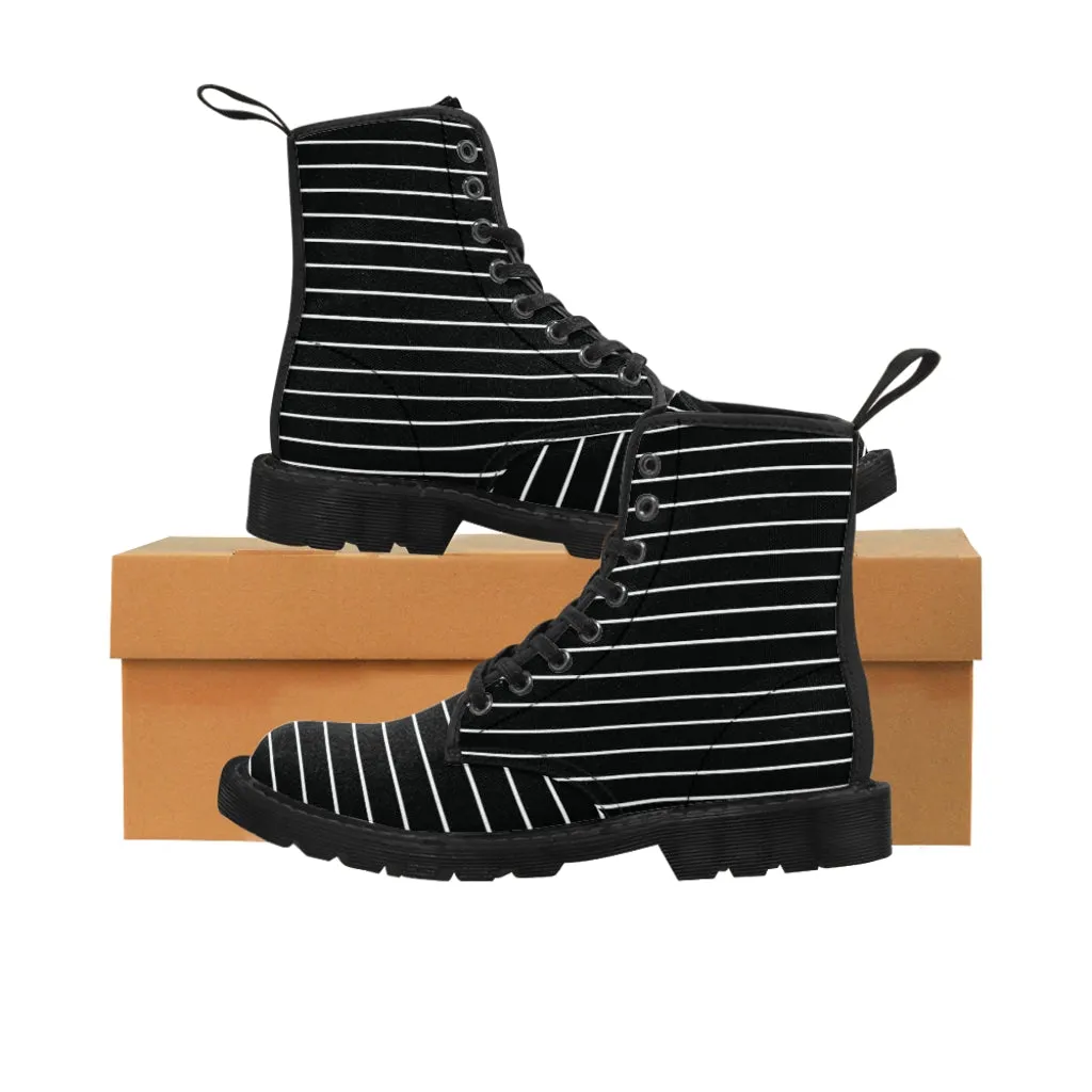 Black Stripes Ladies' Boots, Designer Striped Women's Canvas Laced Boots (US Size 6.5-11)