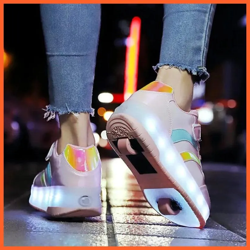 Black White Pink Led Roller Shoes Black  |  Kids Led Light Roller Heel Wheel Shoes  | Usb Rechargeable Shoes For Girls & Boys