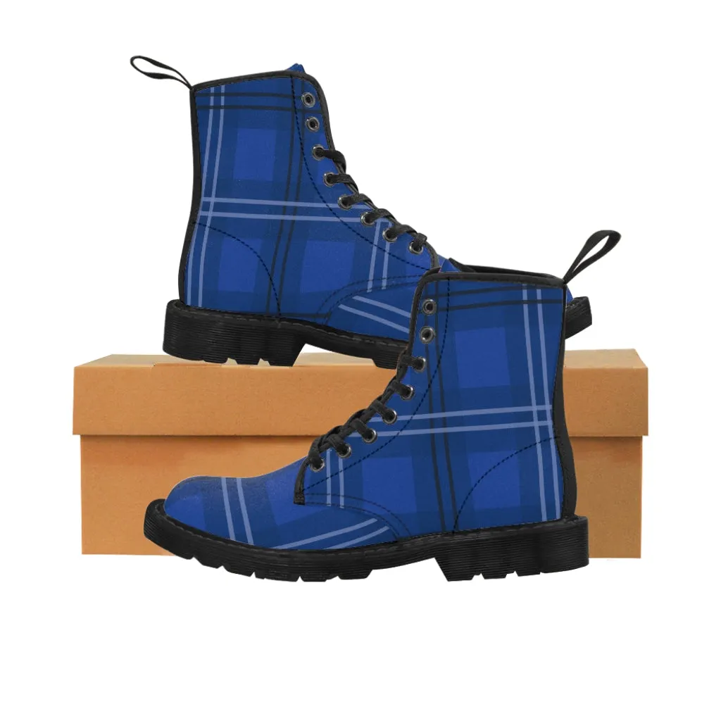 Blue Plaid Women's Canvas Boots, Royal Blue Tartan Plaid Print Designer Hiking Canvas Boots