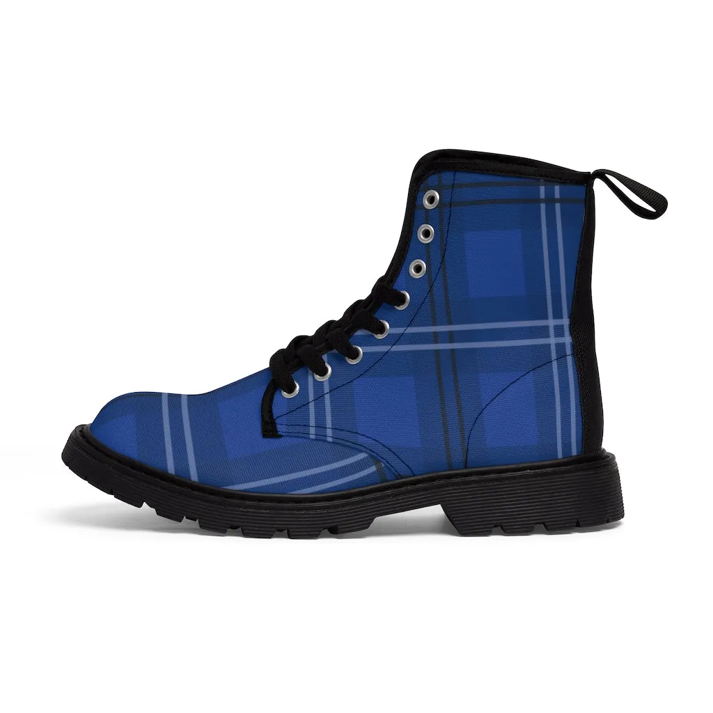 Blue Plaid Women's Canvas Boots, Royal Blue Tartan Plaid Print Designer Hiking Canvas Boots