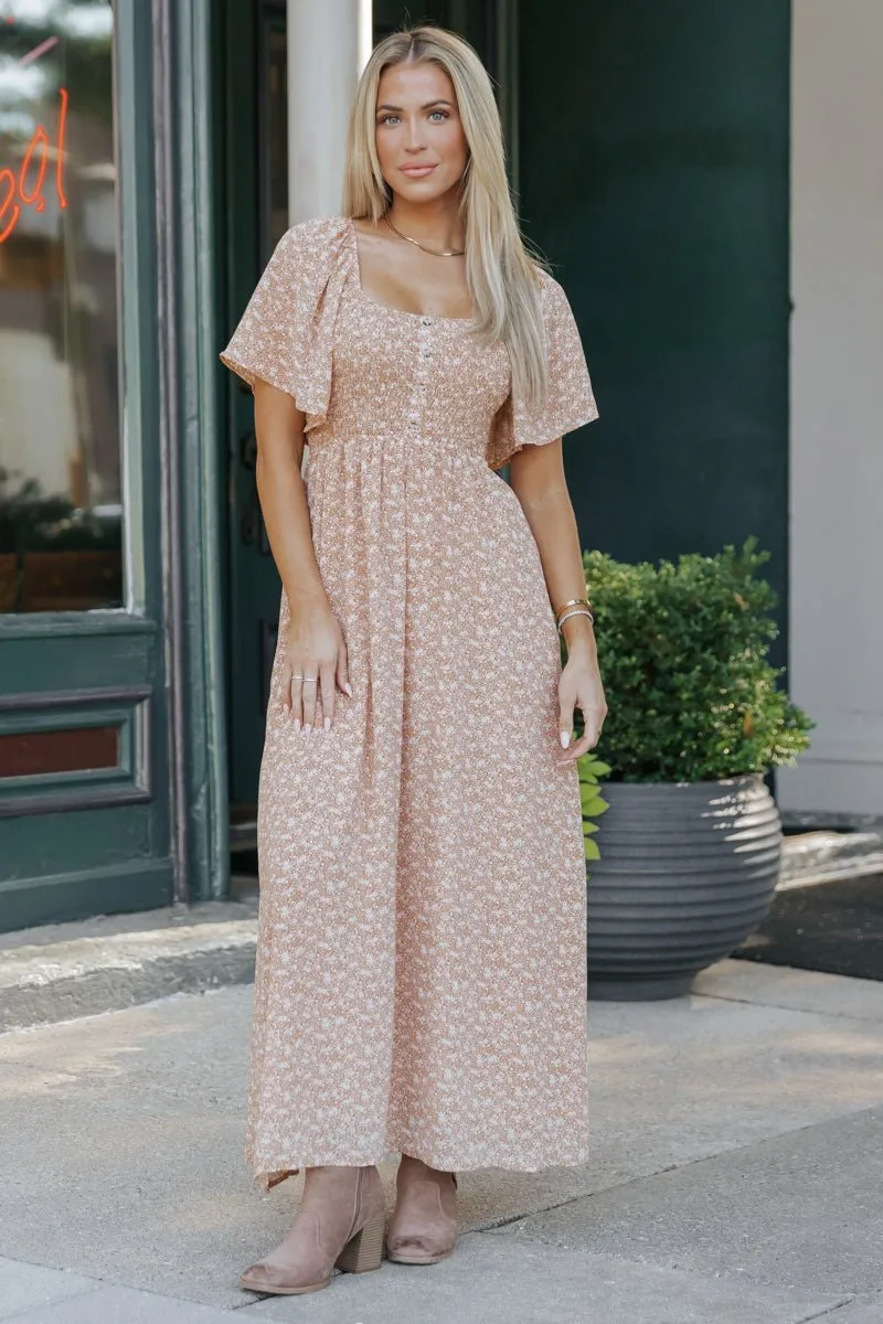 Boho Print Smocked Maxi Dress - Clay - FINAL SALE