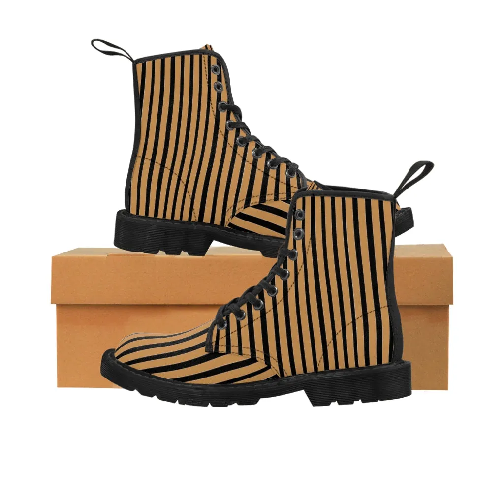 Brown Striped Print Men's Boots, Black Stripes Best Hiking Winter Boots Laced Up Shoes For Men