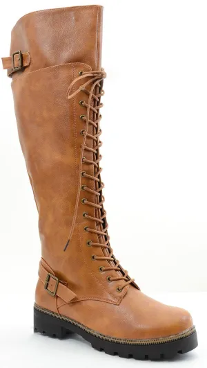 Buckled Combat Lace Up Lug Sole Knee High Vegan Leather Boots