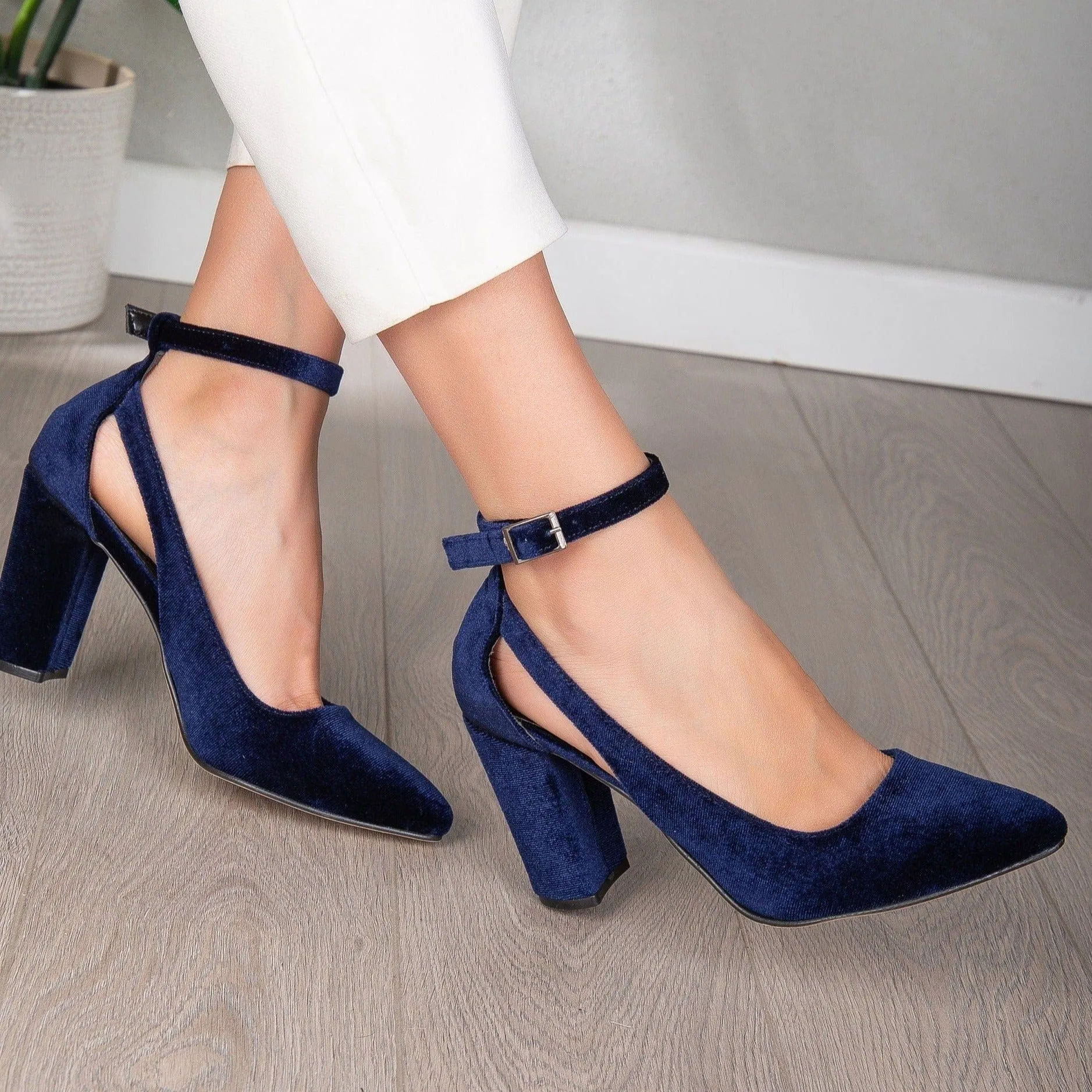 Colette Vegan Velvet Block Heels | Dark Blue