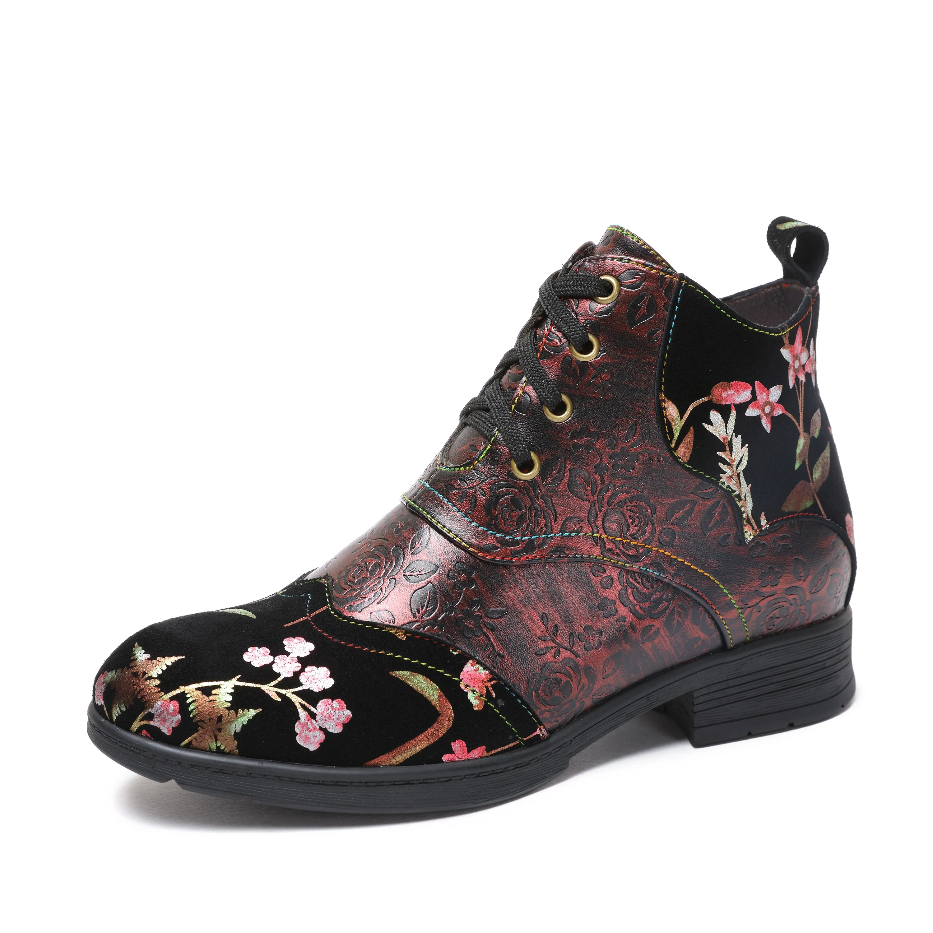 CrazycatZ Womens Leather Ankle Boots Bohemian Sporty Colorful Leahter Boots Red Floral