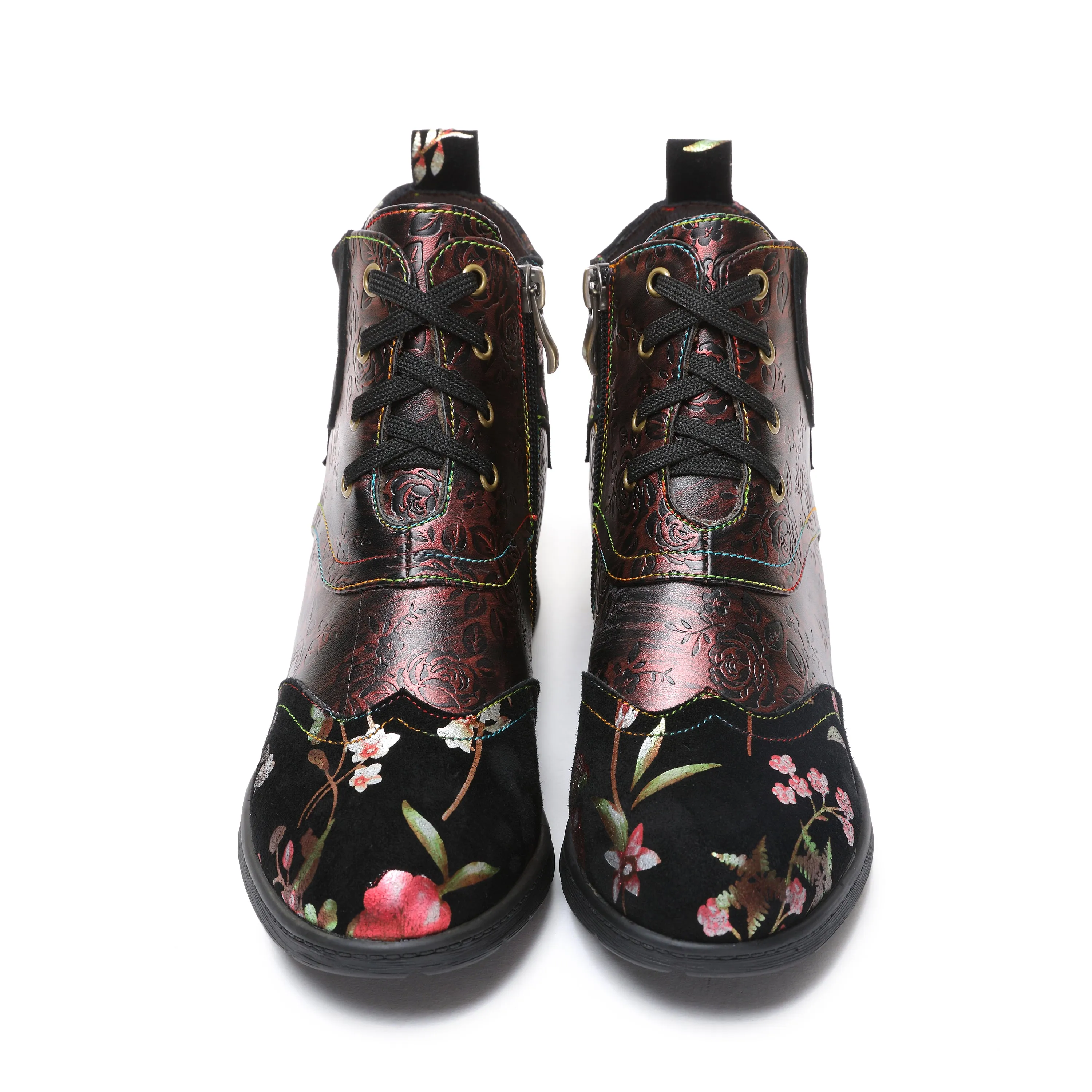 CrazycatZ Womens Leather Ankle Boots Bohemian Sporty Colorful Leahter Boots Red Floral