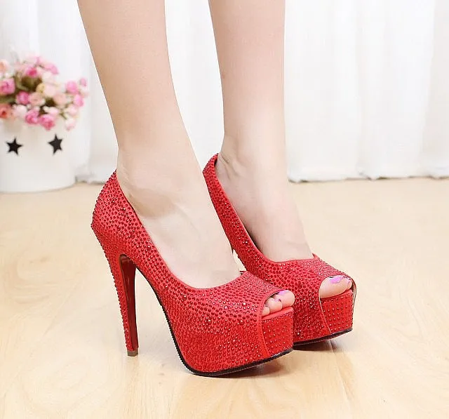 Crystal Wedding Shoes High Heel Waterproof Platform Rhinestone Banquet Shoes