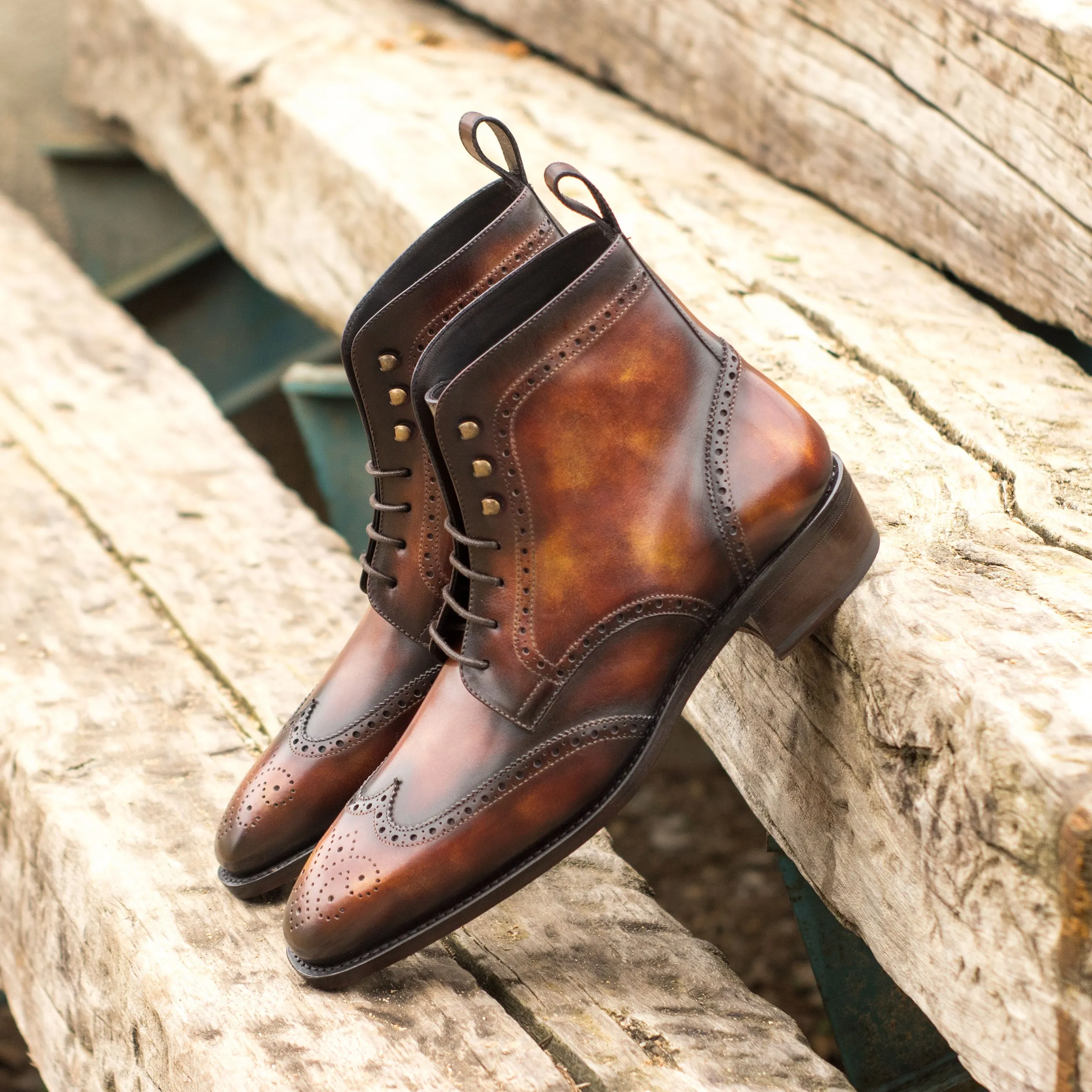 Cuban Heel Fire Museum Patina Brogue Boots