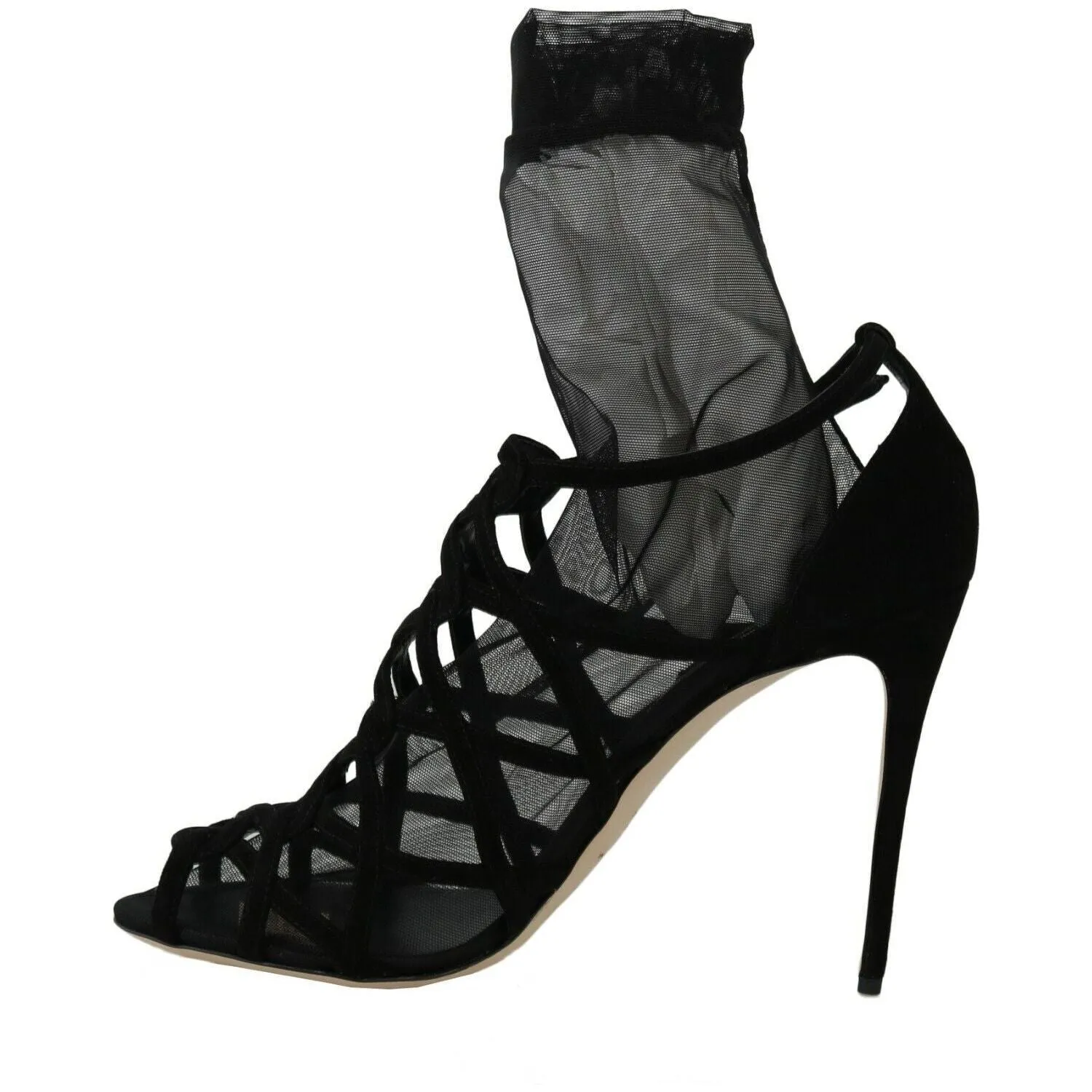 Dolce & Gabbana Black Suede Tulle Ankle Boot Sandals