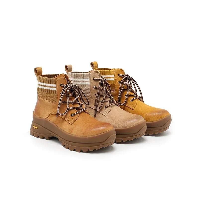 DWARVES Leather Martin Boots Designer Retro Chunky Combat Boots in Yellow/Caramel/Apricot