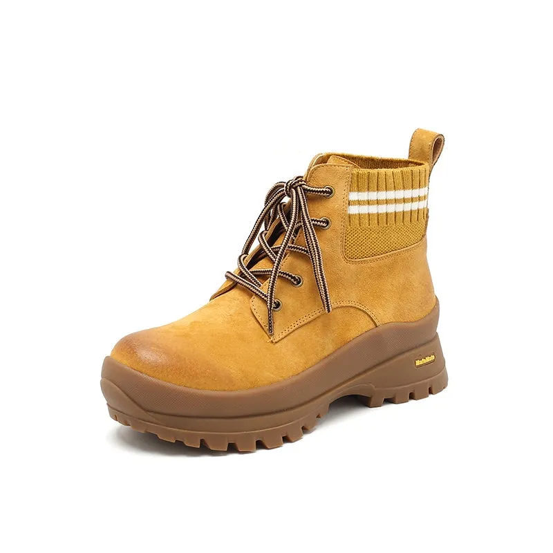 DWARVES Leather Martin Boots Designer Retro Chunky Combat Boots in Yellow/Caramel/Apricot